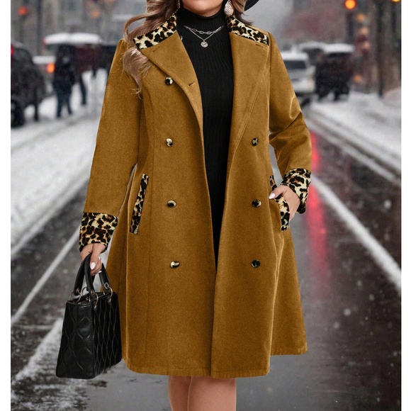 Plus Leopard Print Double Button Pockets Jacket Coat - Picture 1 of 5